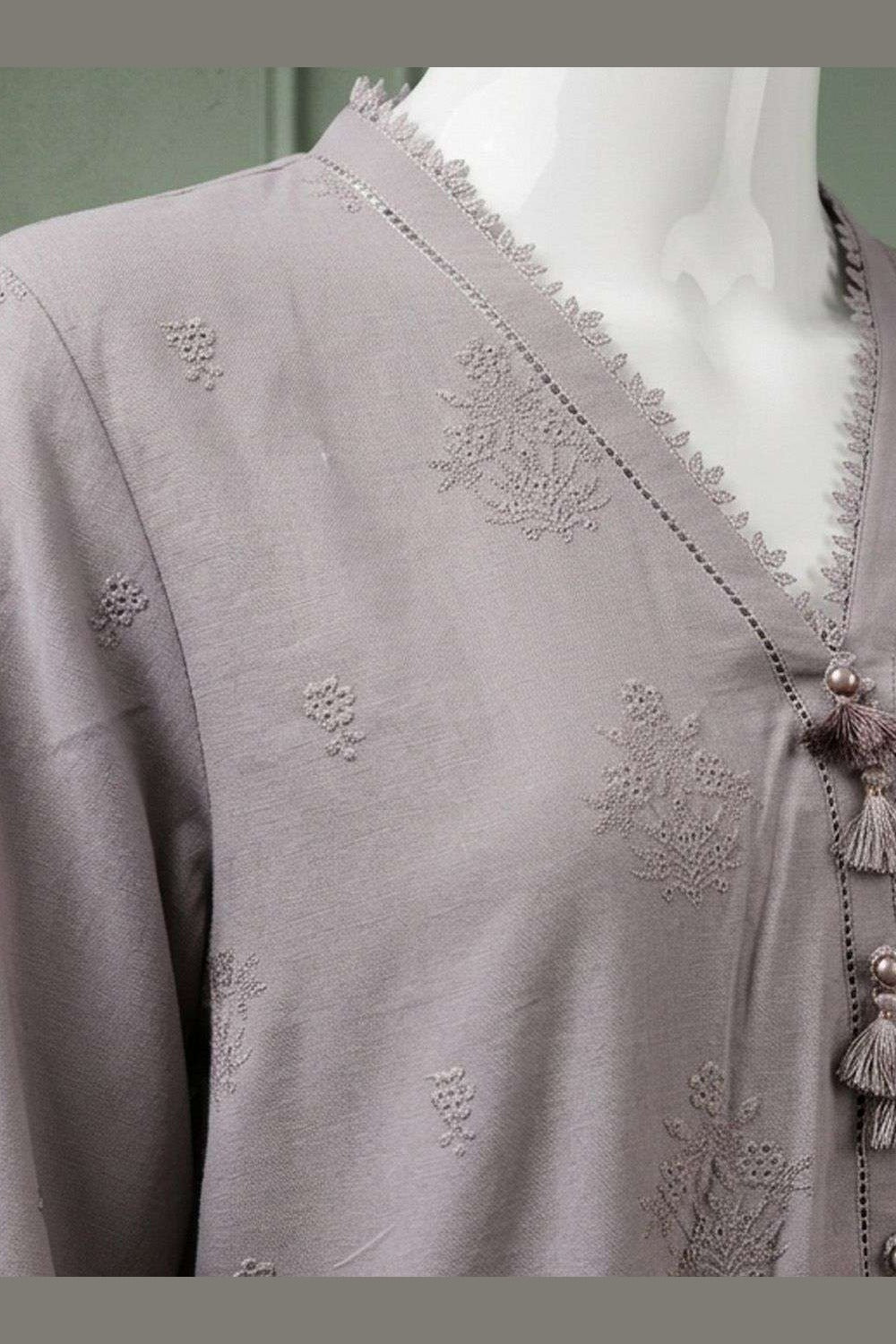 Mauve Karandi Shawl Set - neckline trim detail