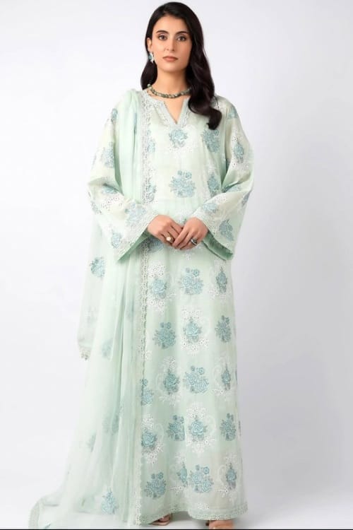 Fabareeze Mint green 3 PC Chickenkari Embroidered