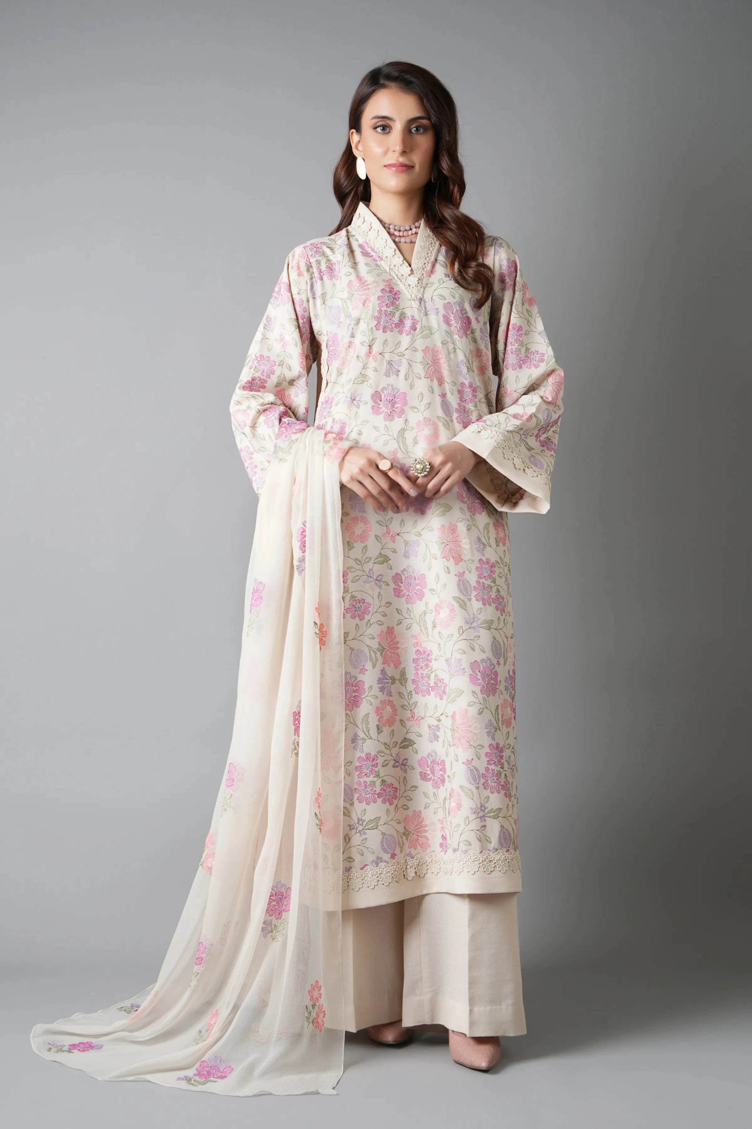 Fabareeze Beige 3 PC Embroidered Karandi