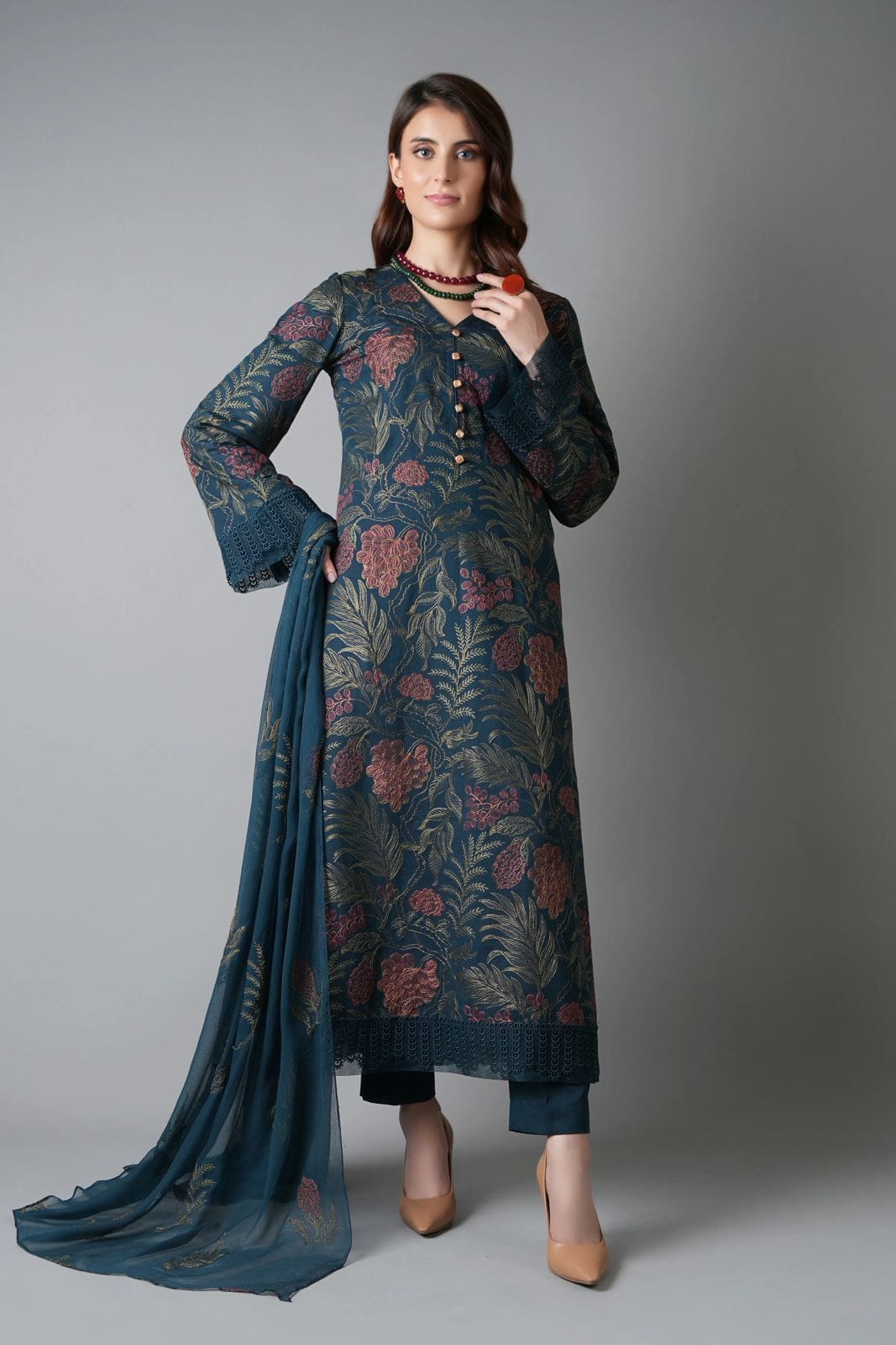 Fabareeze Teal green 3 PC Embroidered Karandi