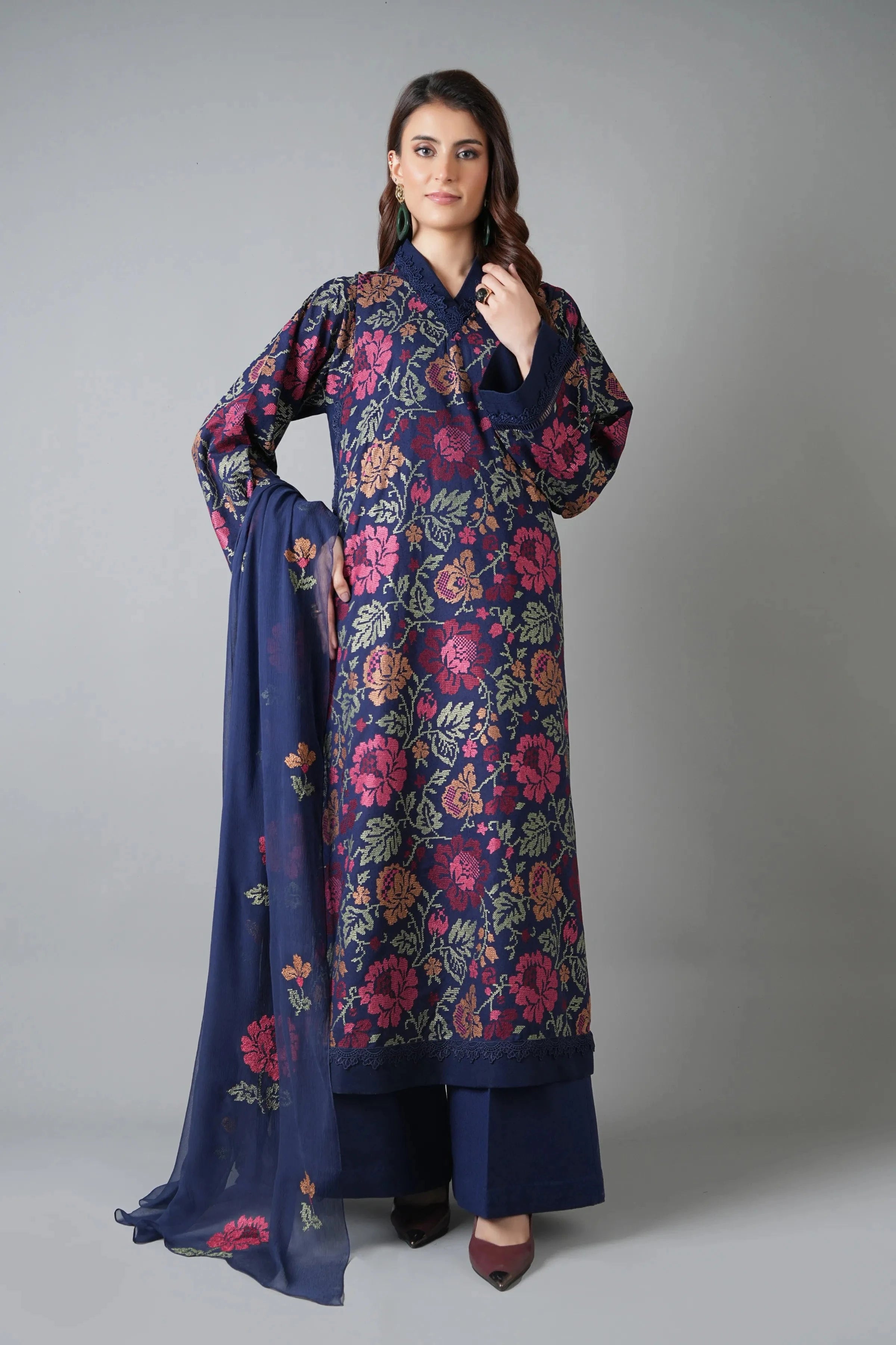 Fabareeze Navy blue 3 PC Embroidered Karandi