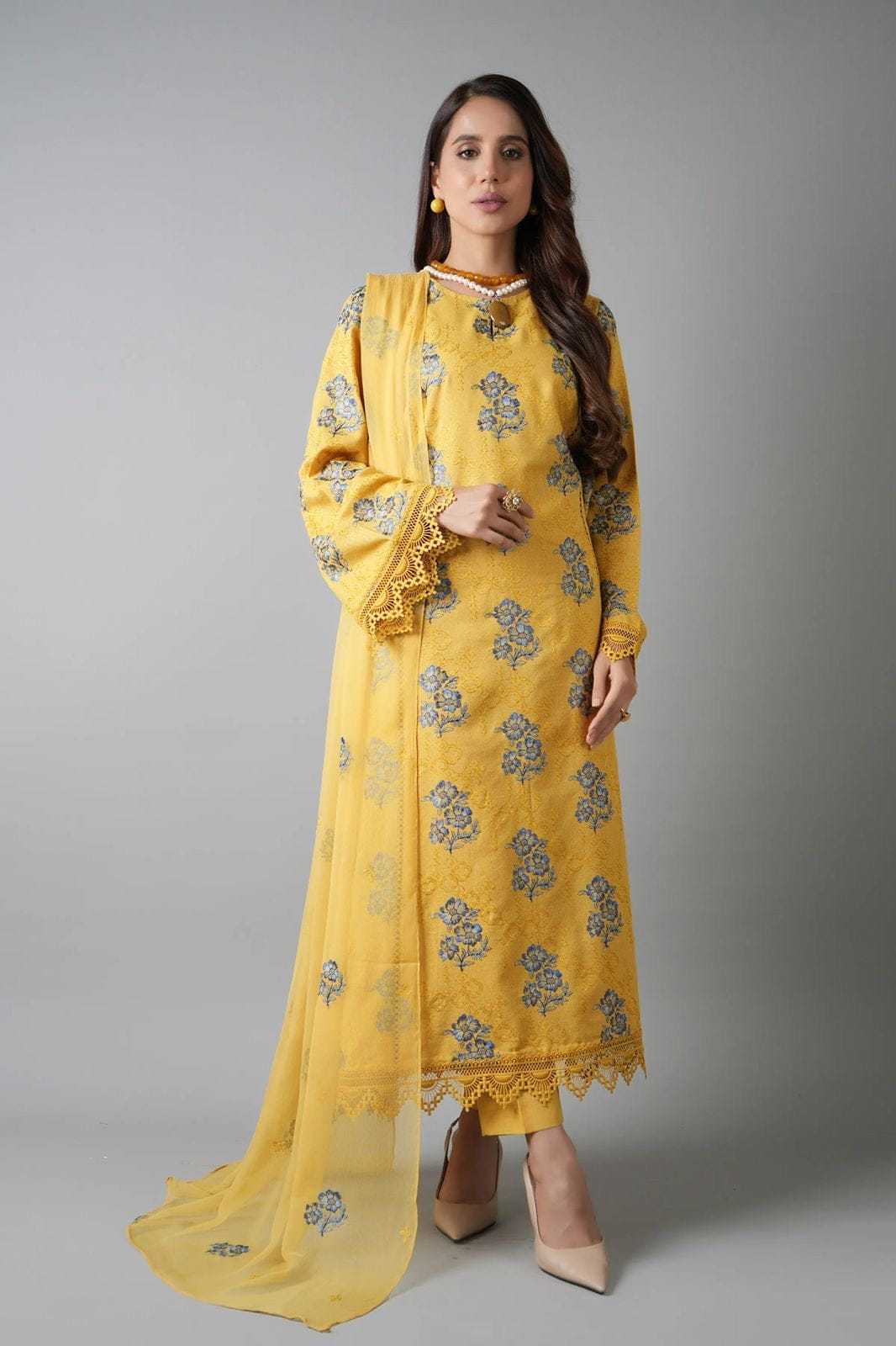 Fabareeze Yellow 3 PC Embroidered Karandi