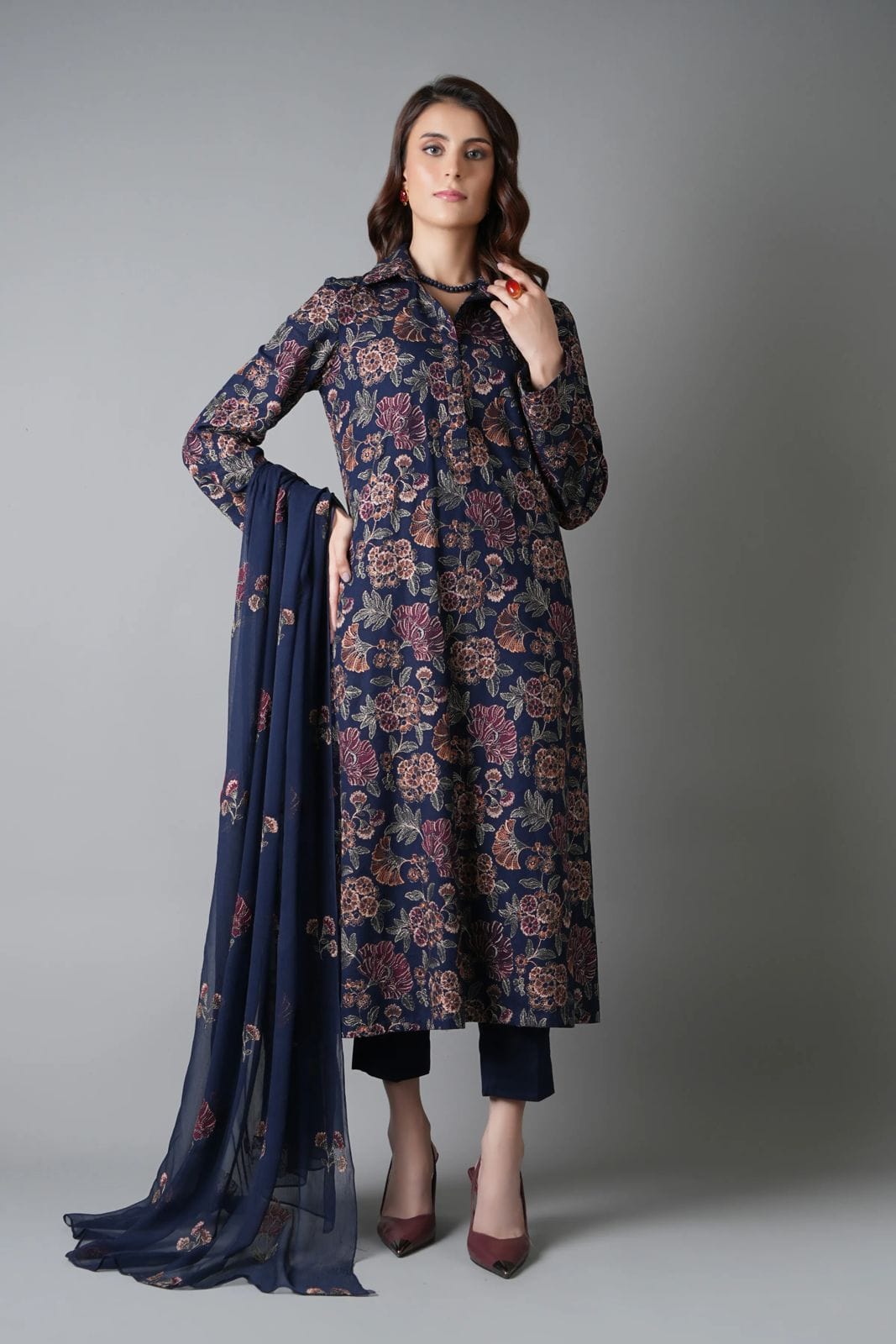 Fabareeze Navy blue 3 PC Embroidered Karandi