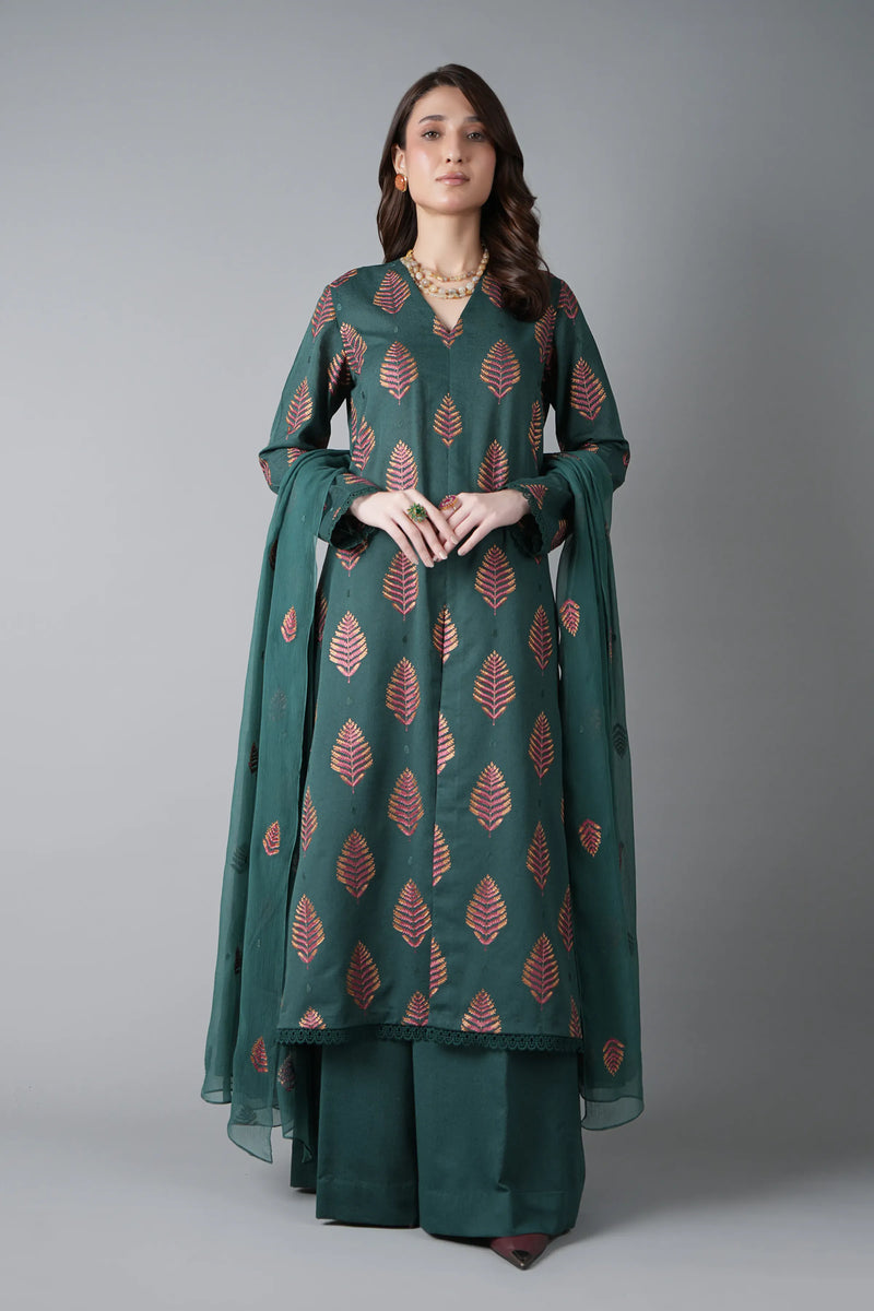 Fabareeze Teal green 3 PC Embroidered Karandi