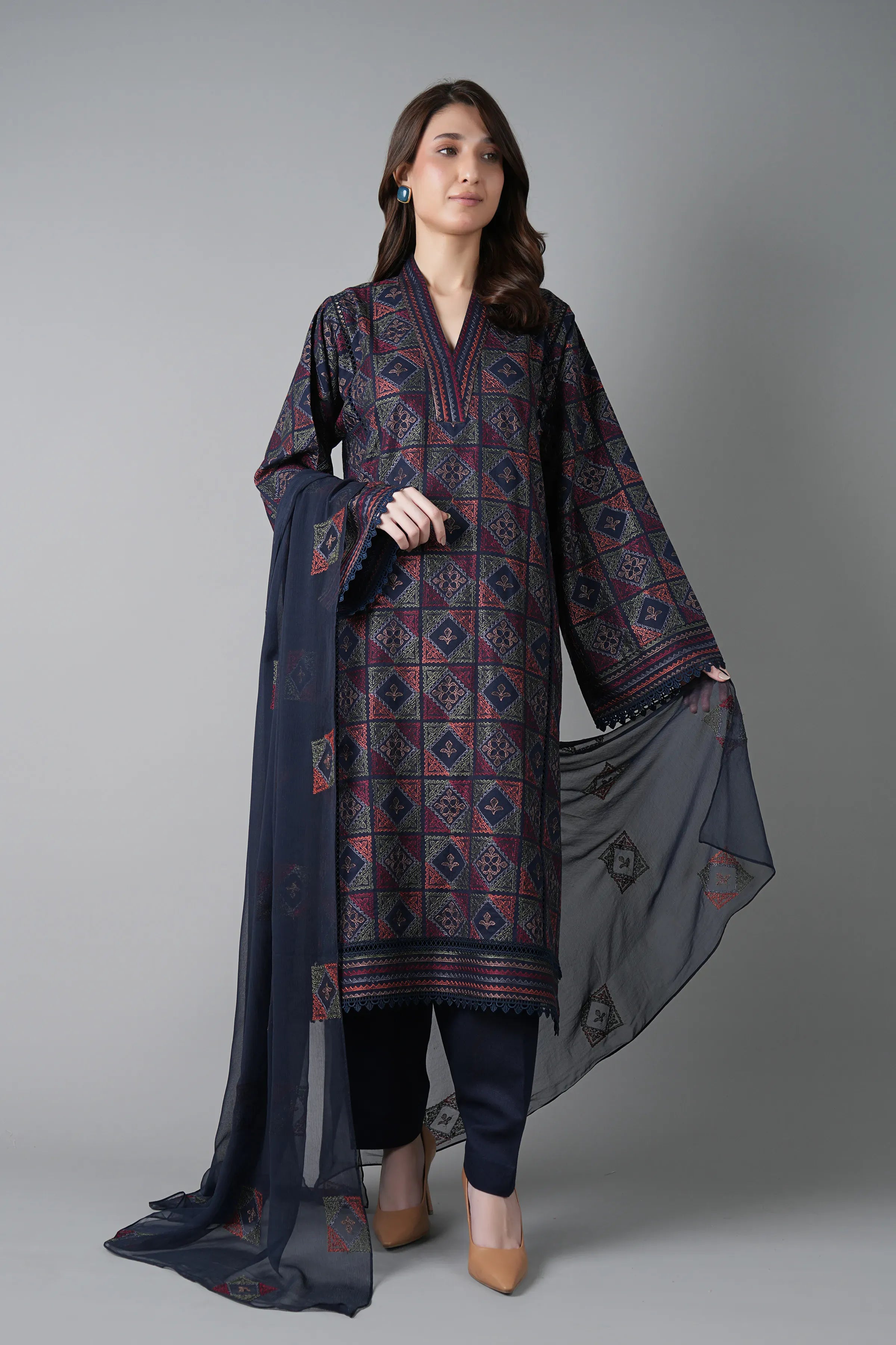 Fabareeze Dark Navy blue 3 PC Embroidered Karandi