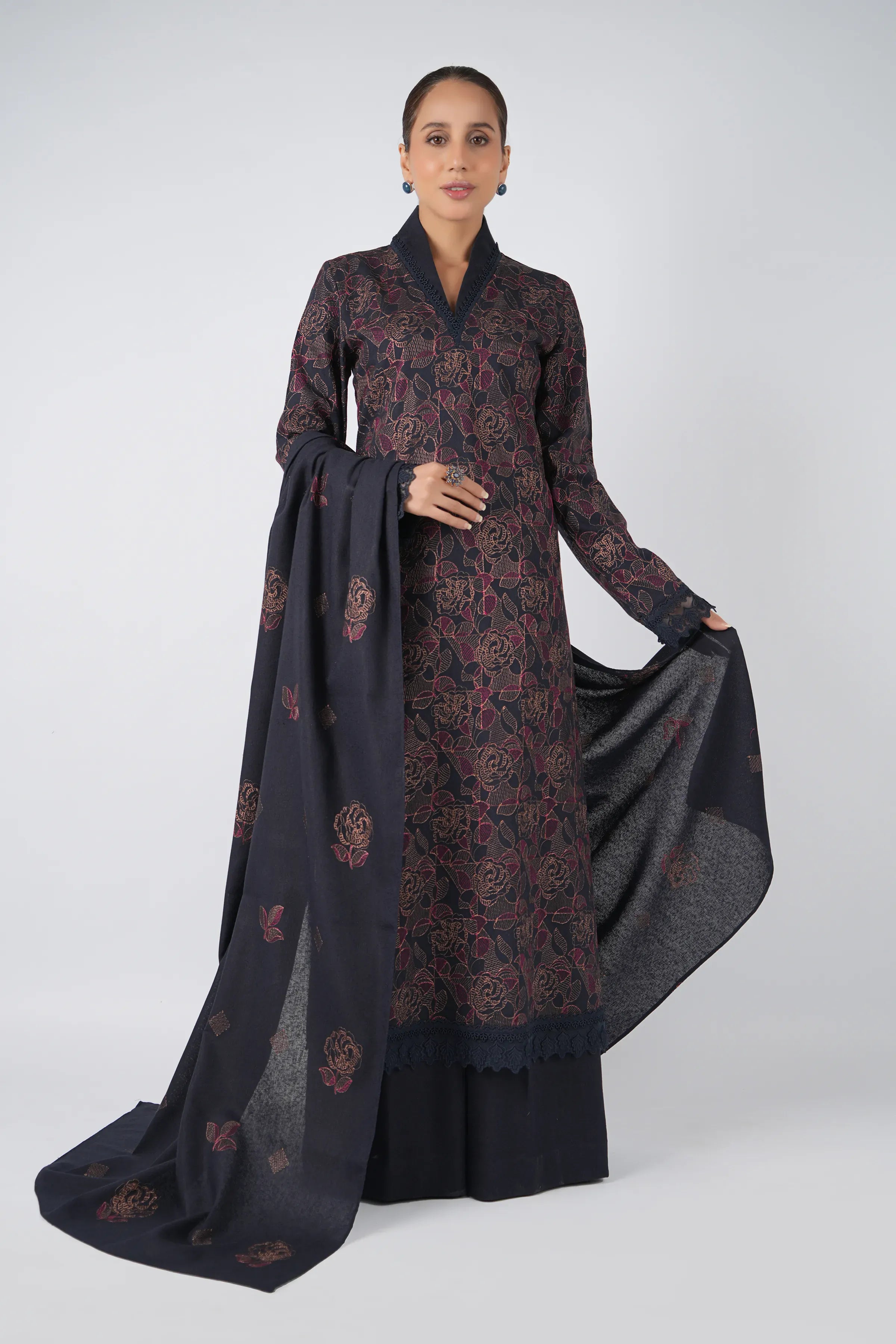 Fabareeze Dark Navy Blue 3 PC Embroidered Karandi
