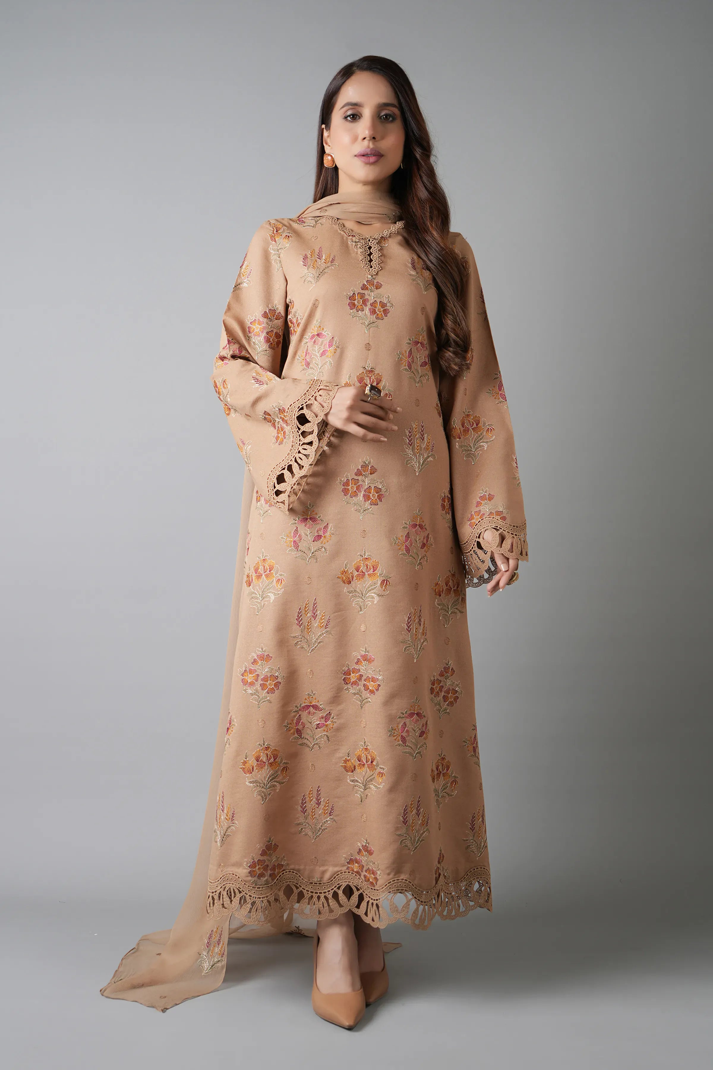 Fabareeze Light brown 3 PC Embroidered Karandi