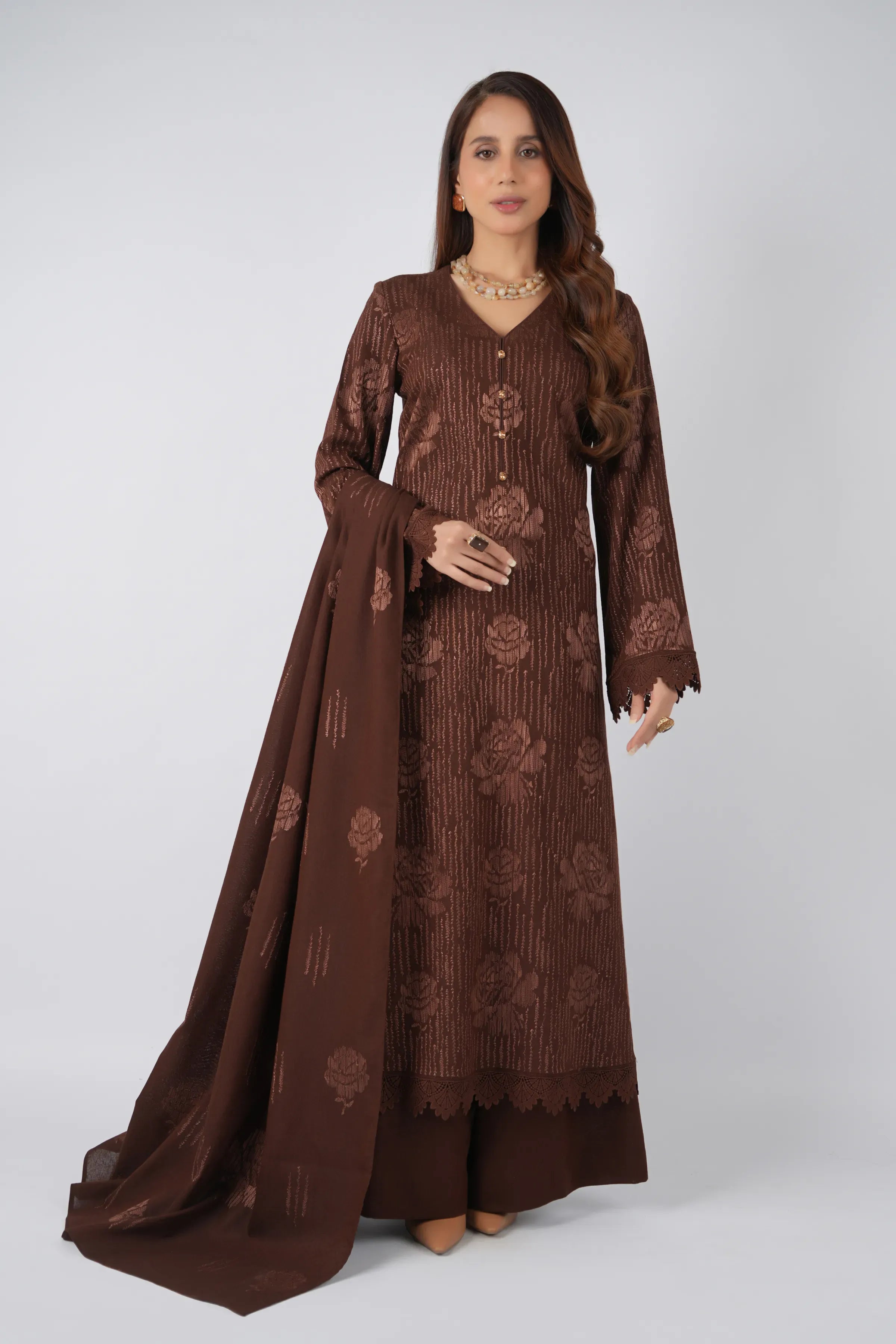Fabareeze Brown 3 PC Embroidered Karandi