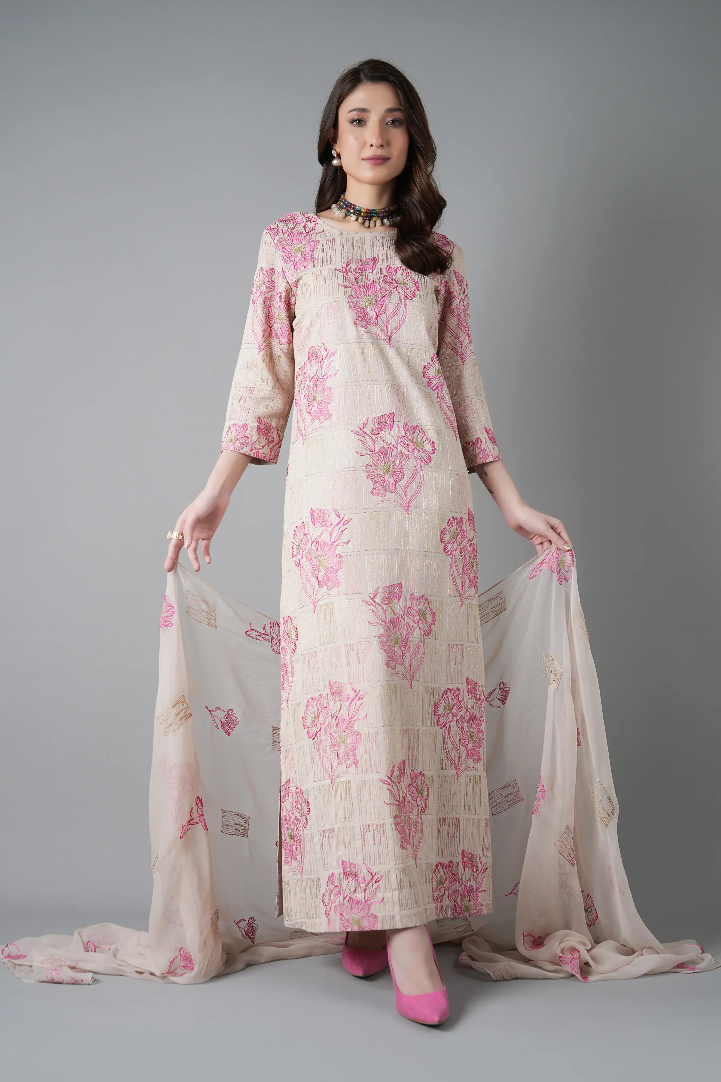Fabareeze Beige 3 PC Embroidered Karandi