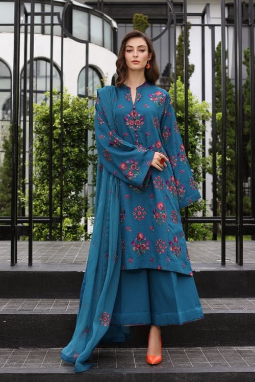 Fabareeze Zinc Blue 3 PC Embroidered Karandi
