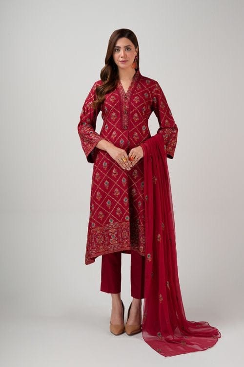 Fabareeze Red 3 PC Embroidered Karandi