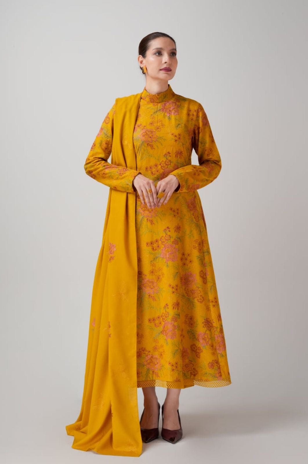 Fabareeze Yellow 3 PC Embroidered Karandi