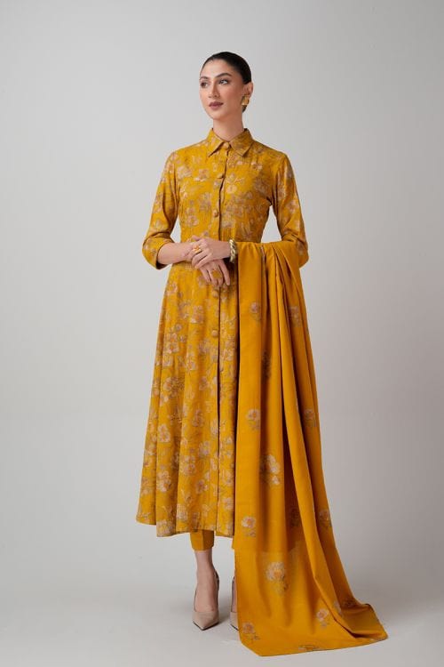 Fabareeze Yellow 3 PC Embroidered Karandi