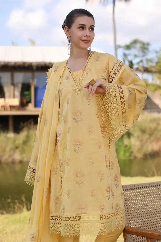 Fabareeze Yellow 3 PC Lawn Embroidered