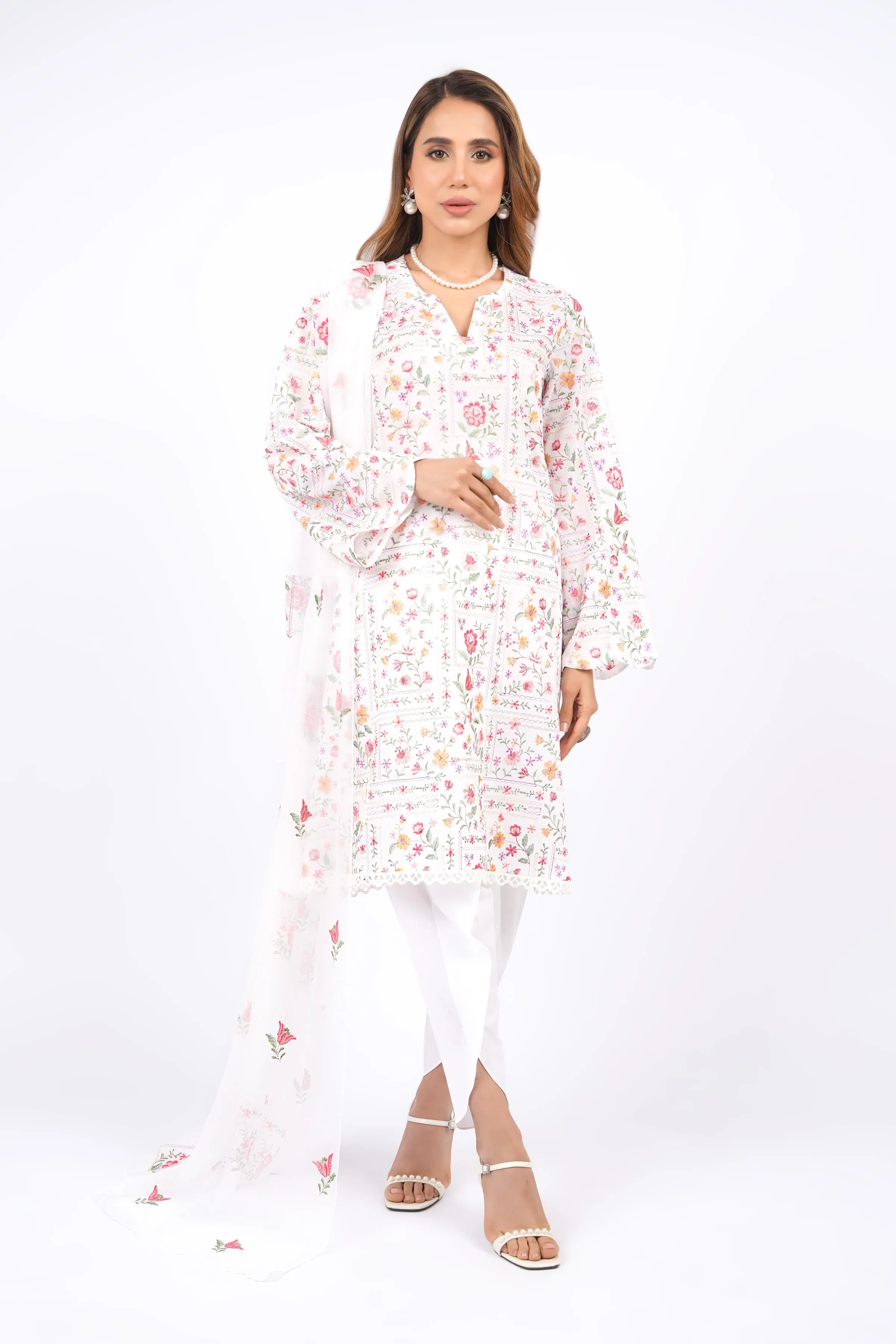 Fabareeze White 3 PC Lawn Embroidered