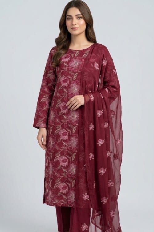 Fabareeze Maroon 3 PC Lawn Embroidered