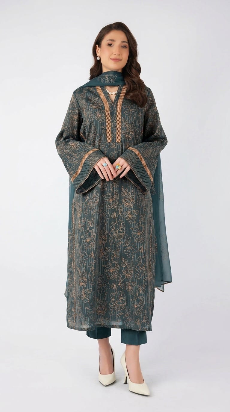 Fabareeze Teal green 3 PC Lawn Embroidered