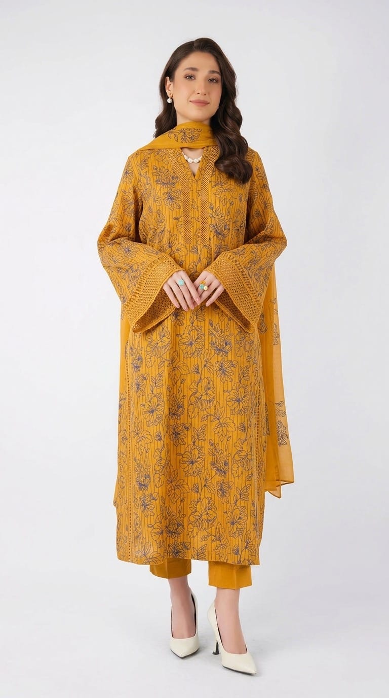 Fabareeze Mustard 3 PC Lawn Embroidered