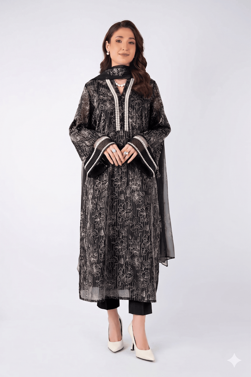 Fabareeze Black 3 PC Lawn Embroidered