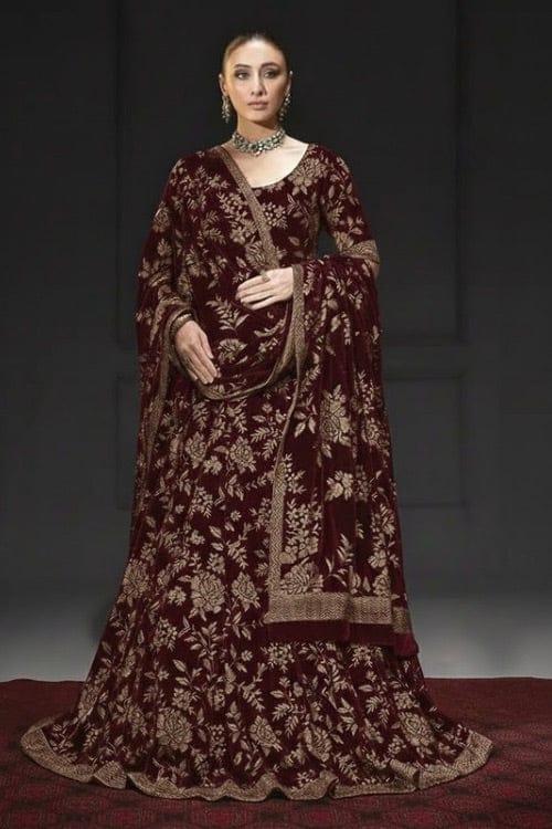 Maroon Velvet Shawl Set