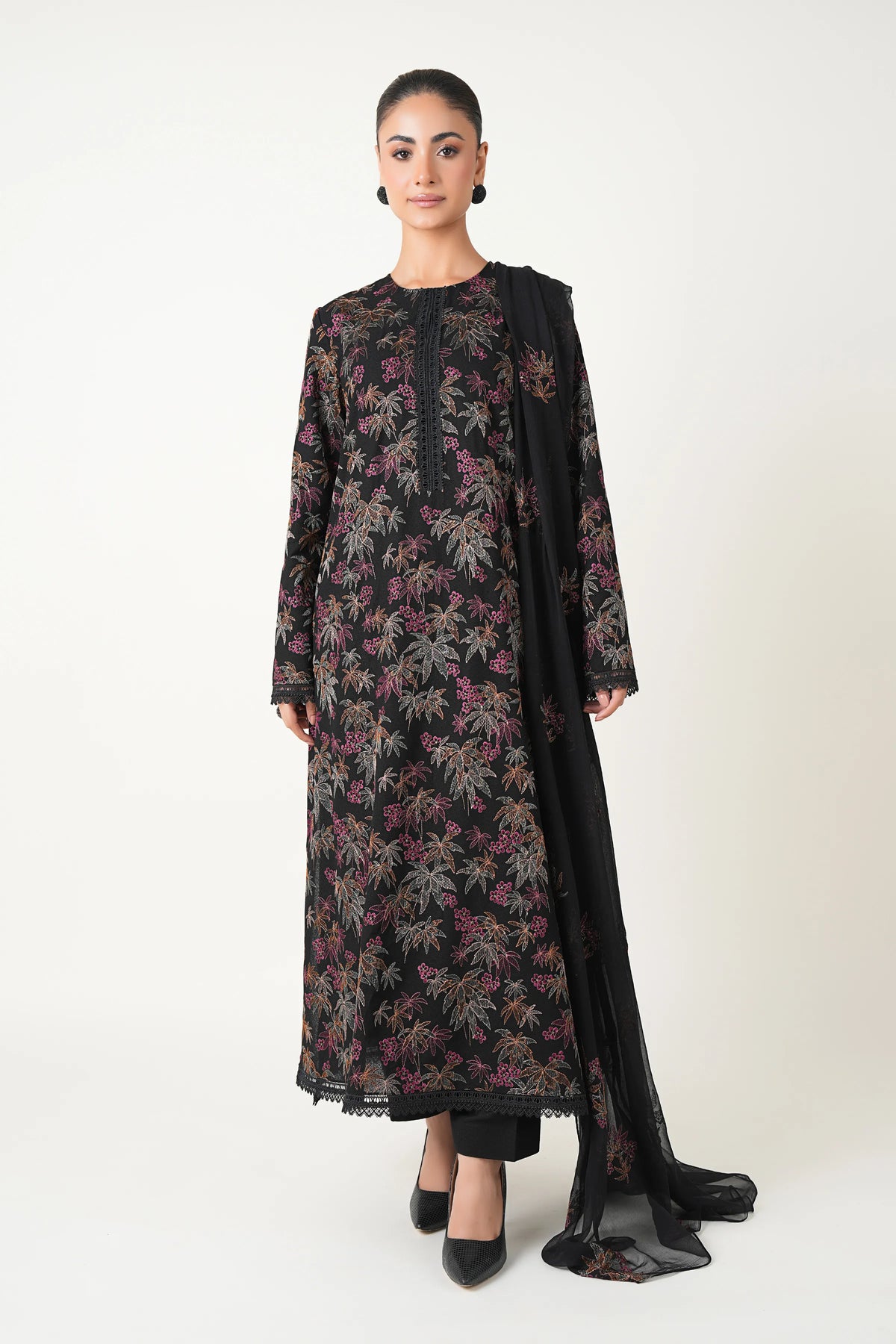 Black Embroidered Karandi - unstitched 3-piece suit