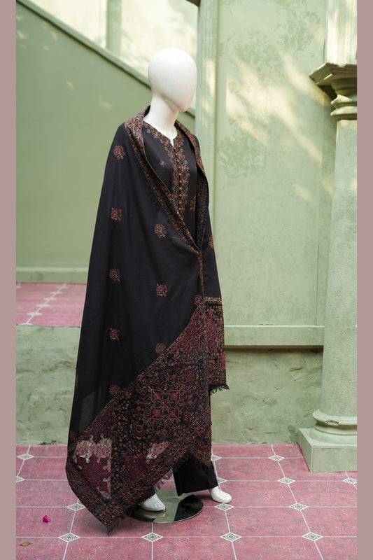 Black Karandi Shawl Set - full 3-piece embroidered karandi shawl set