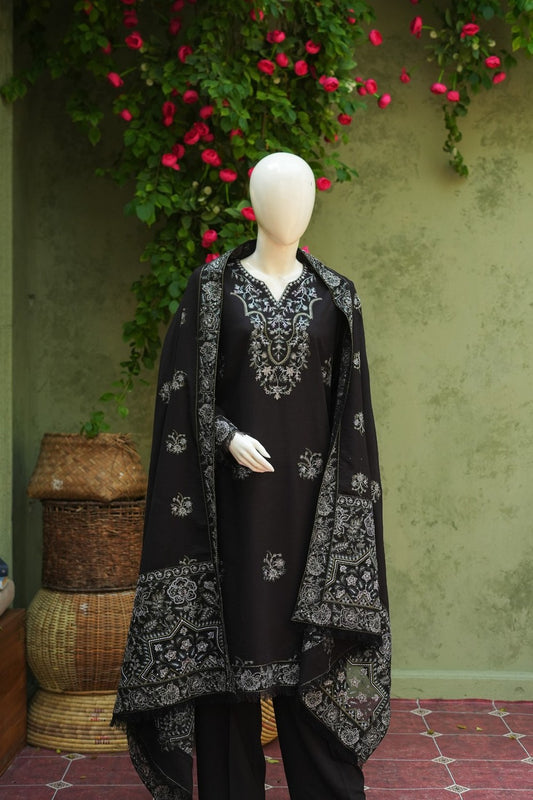 Black Karandi Shawl Set - full 3-piece embroidered karandi shawl set