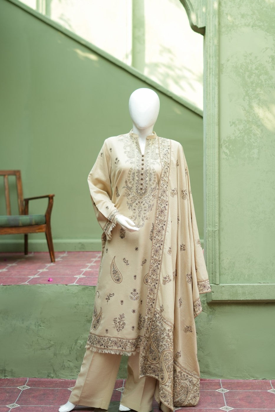 Light beige embroidered karandi 3 piece shawl set