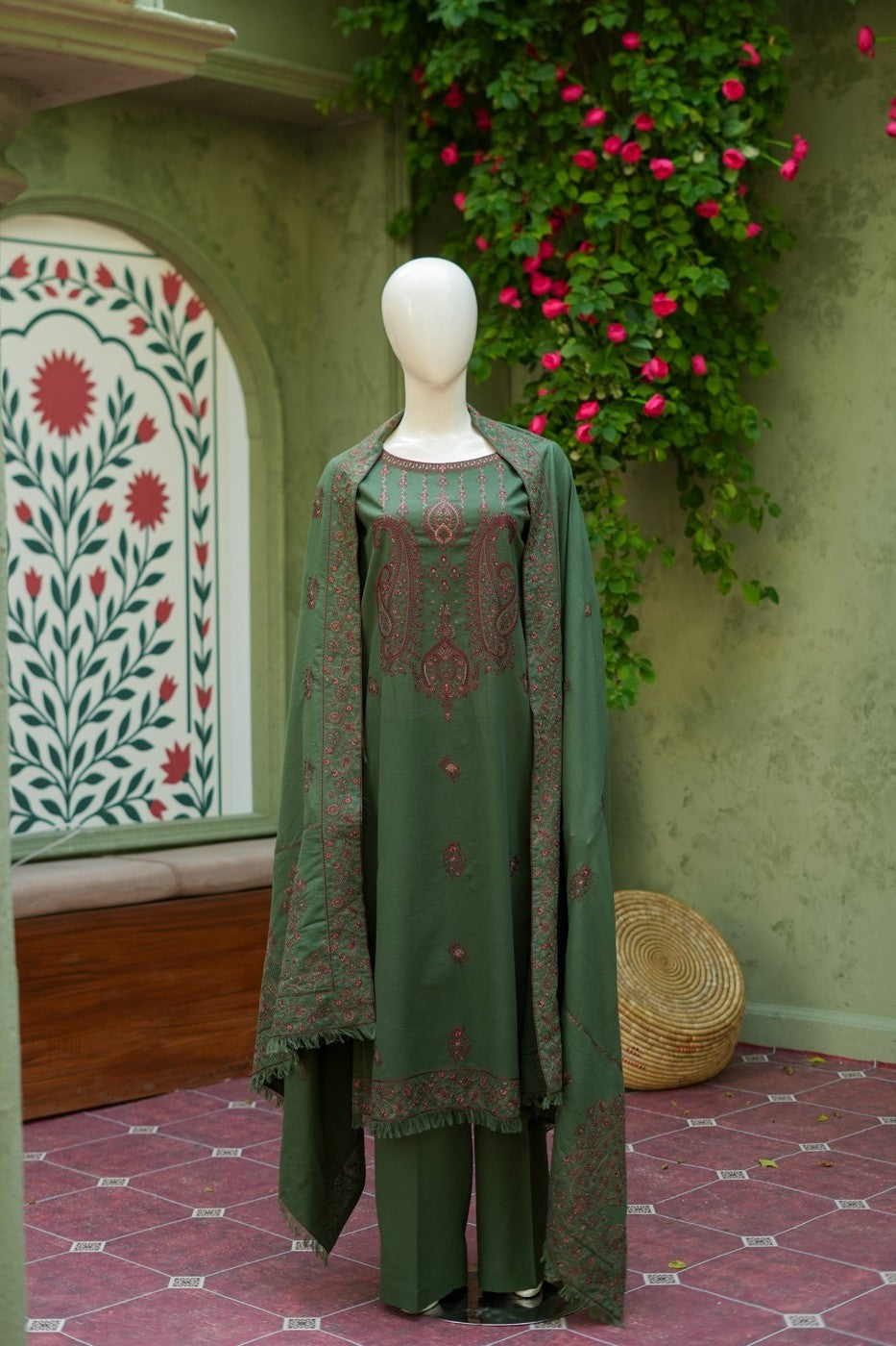 Olive green embroidered karandi 3 piece shawl set