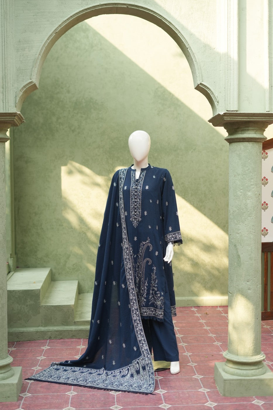 Navy blue embroidered karandi 3 piece shawl set