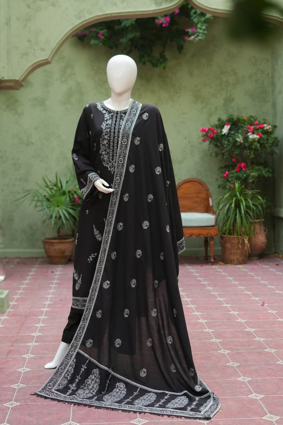 Jet black embroidered karandi 3 piece shawl set