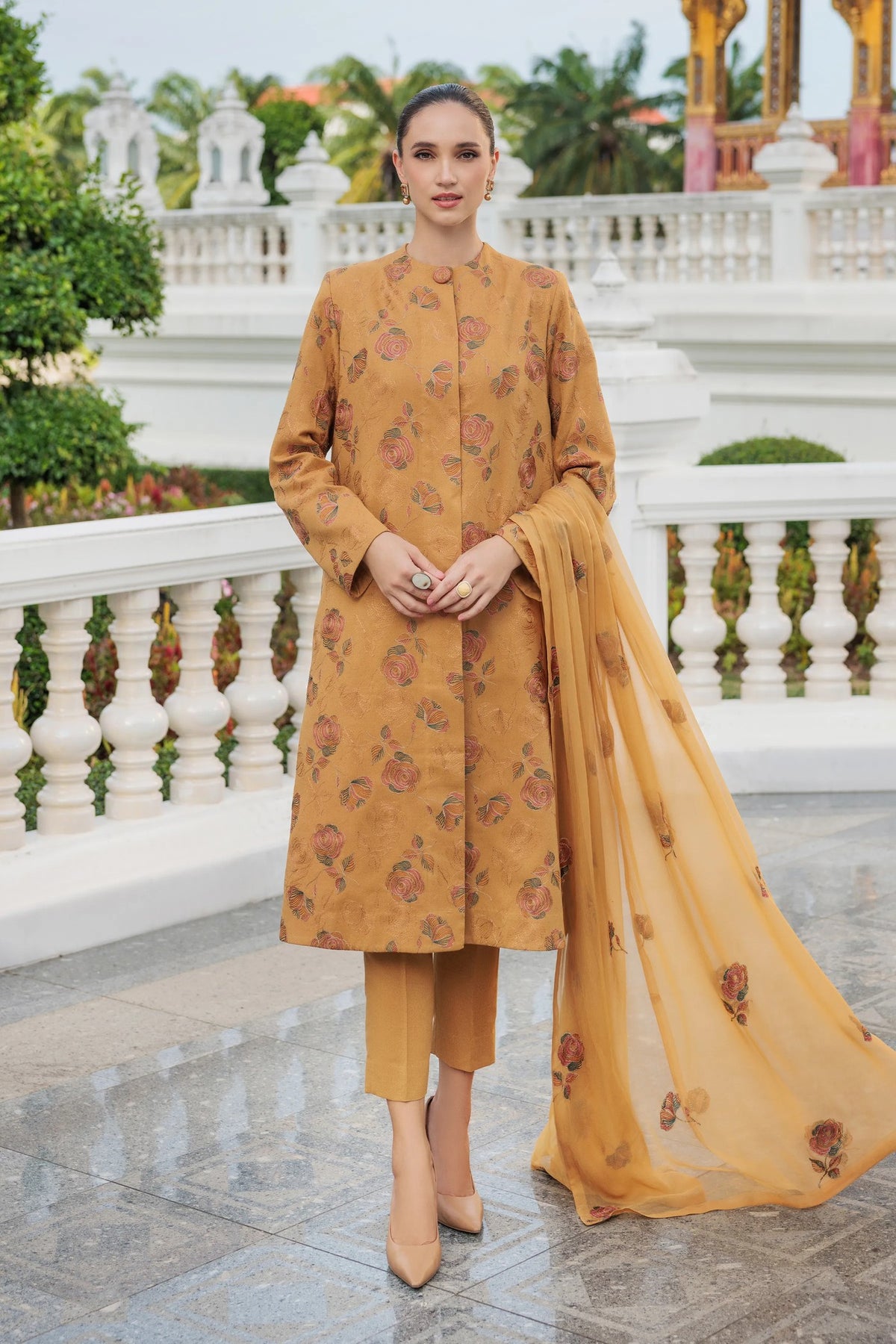 Golden Brown Embroidered Karandi - unstitched 3-piece suit
