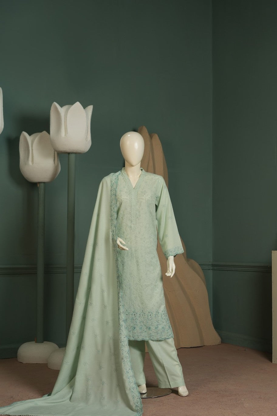 Mint green embroidered karandi 3 piece shawl set