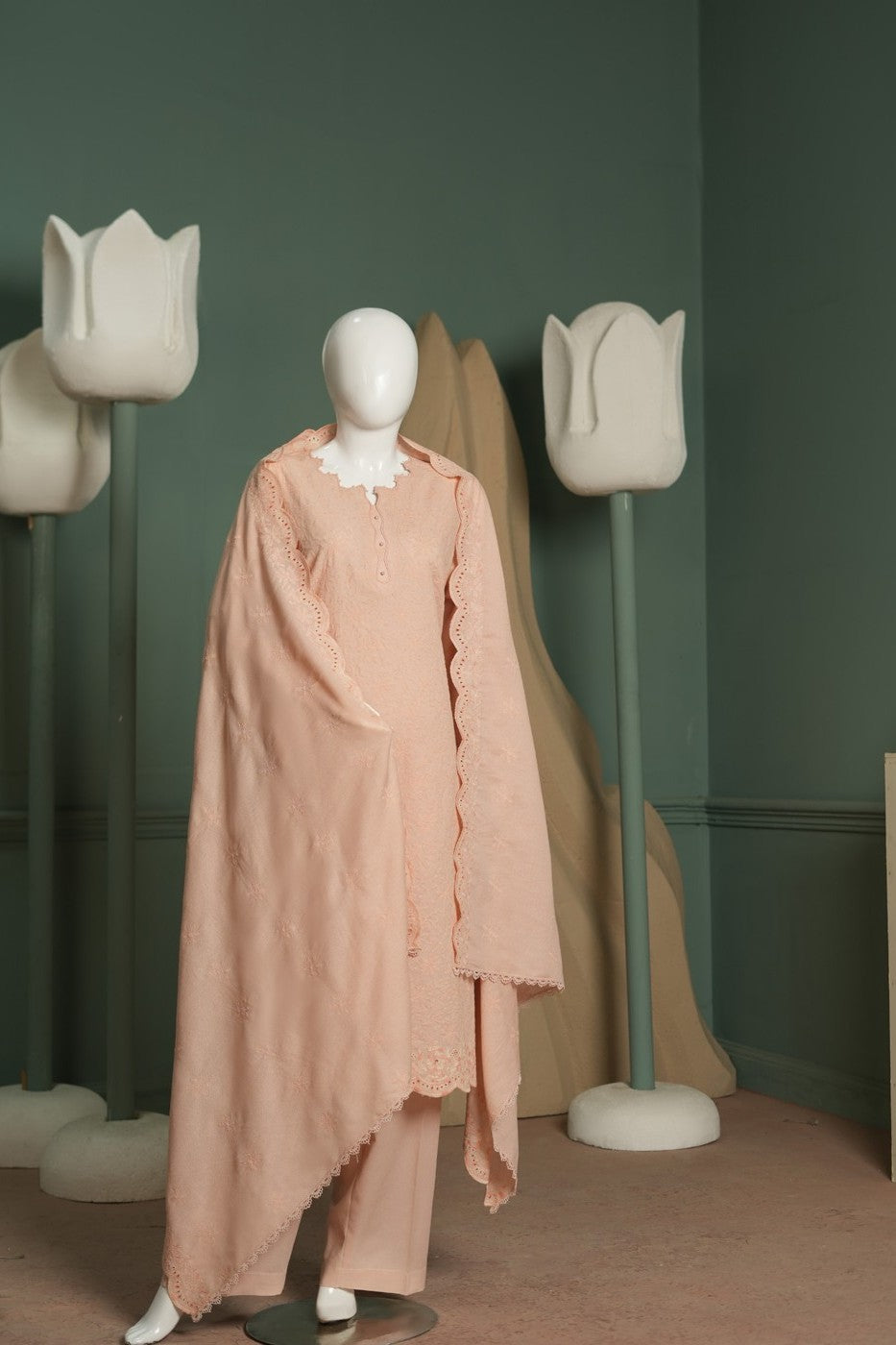 Peach embroidered karandi 3 piece shawl set
