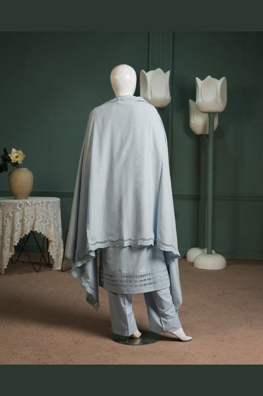 Ice Blue Karandi Shawl Set - full 3-piece embroidered karandi shawl set