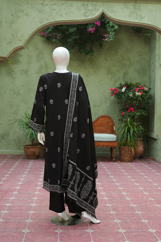 Jet Black Karandi Shawl Set - full 3-piece embroidered karandi shawl set