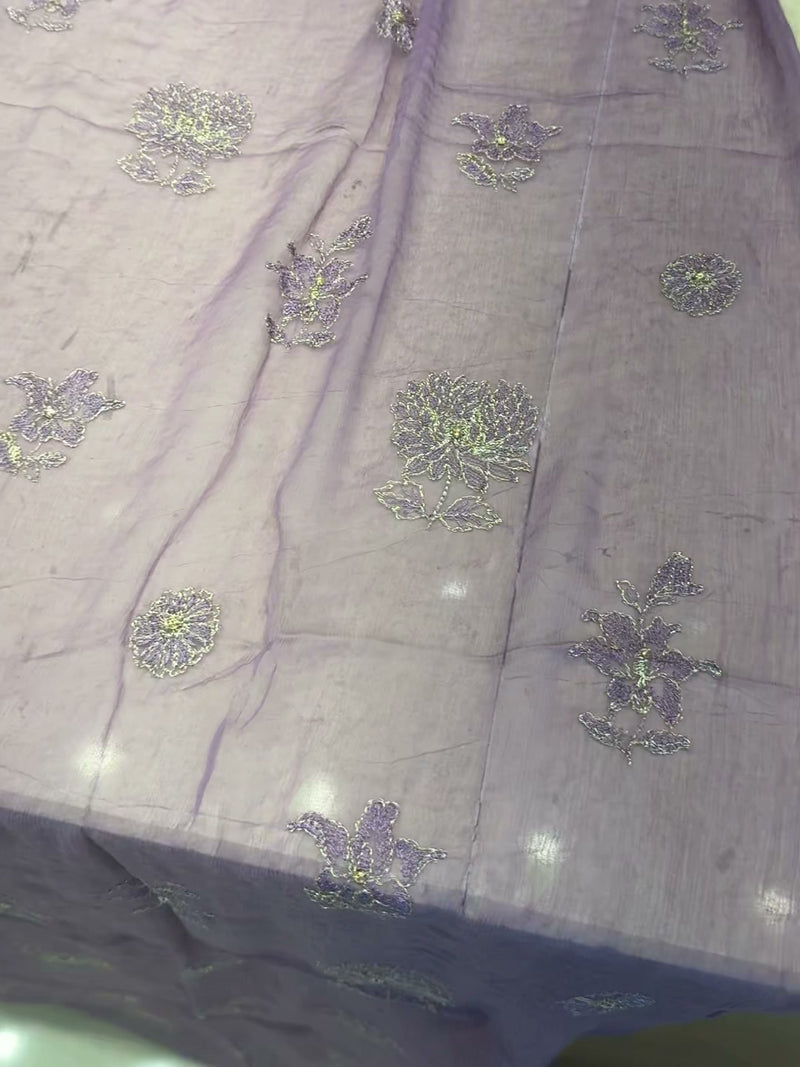 Lilac chiffon dupatta with embroidered floral motifs
