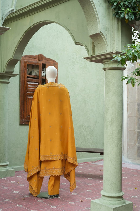 Mustard Karandi Shawl Set - embroidered karandi shawl, ready to carry
