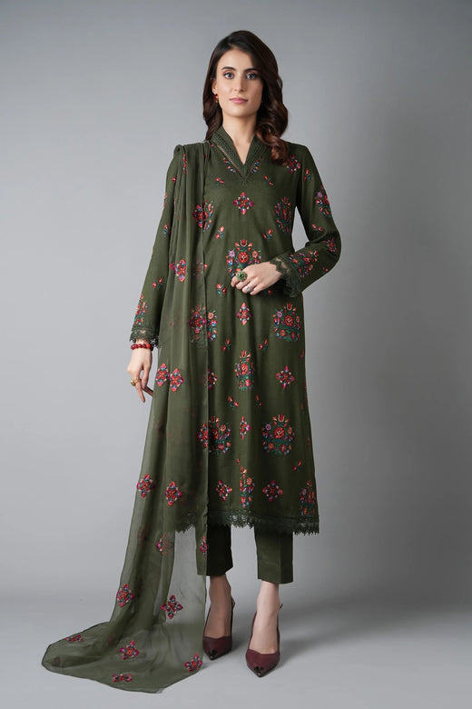 Olive Green Embroidered Karandi