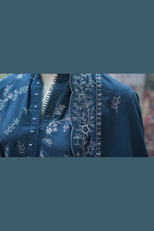 Navy Blue Karandi Shawl Set - embroidery detail