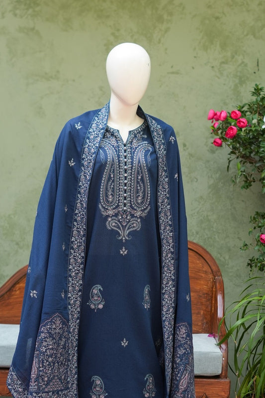 Navy Blue Karandi Shawl Set - embroidery detail