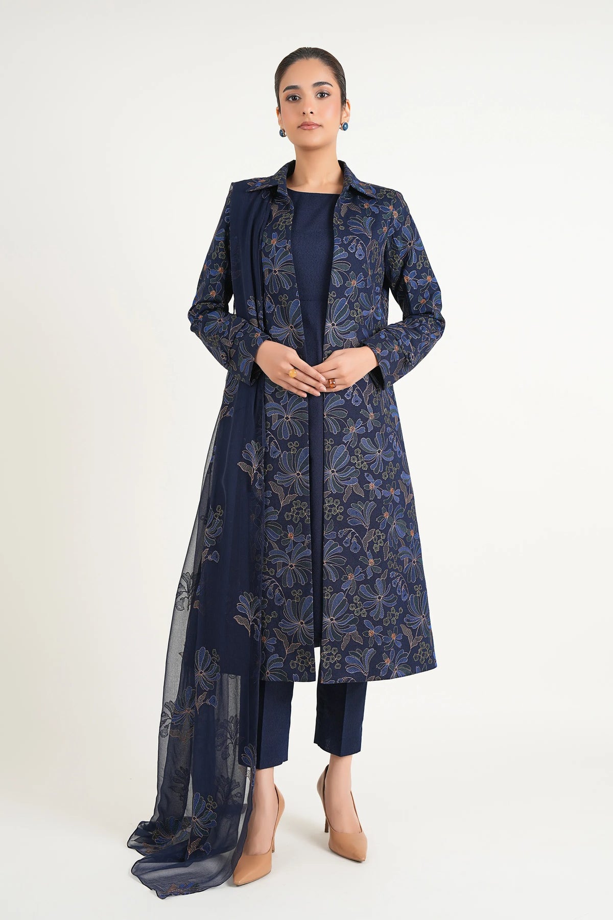 Navy Blue Embroidered Karandi - unstitched 3-piece suit