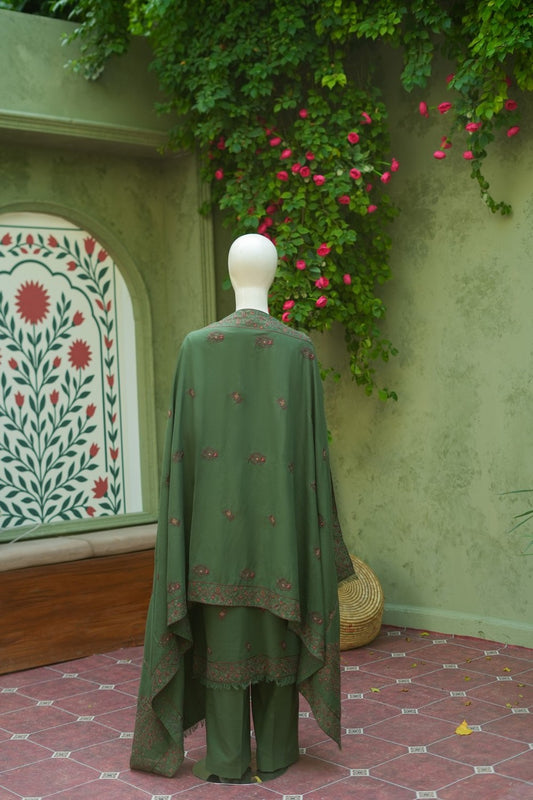 Olive Green Karandi Shawl Set - full 3-piece embroidered karandi shawl set