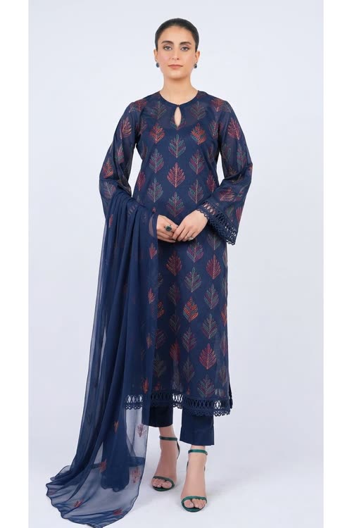 Navy blue embroidered lawn 3-piece - on model