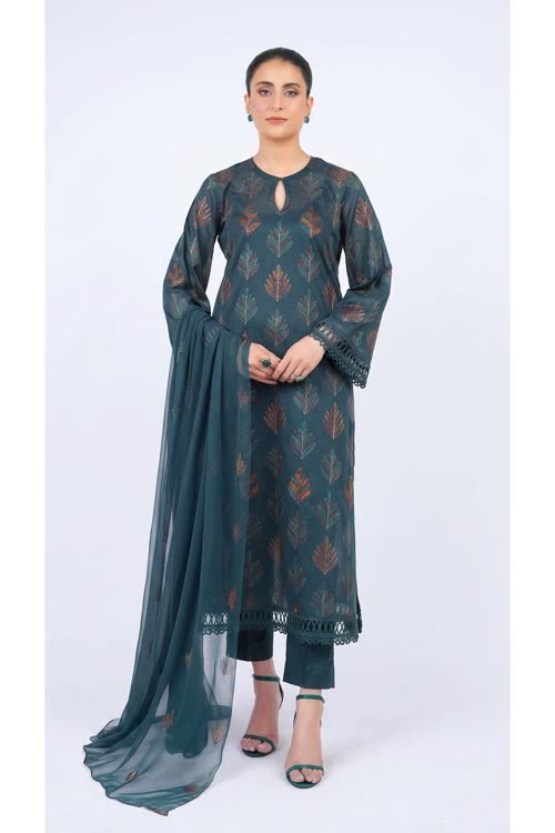 Zinc blue embroidered lawn 3-piece - on model