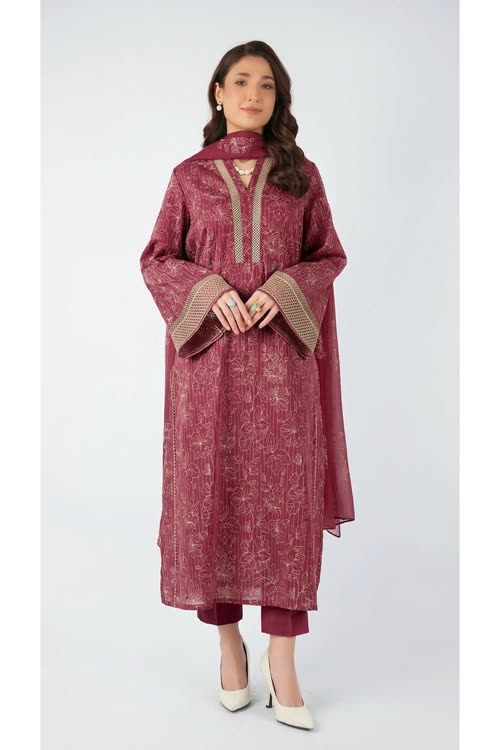 Maroon embroidered lawn 3-piece - on model