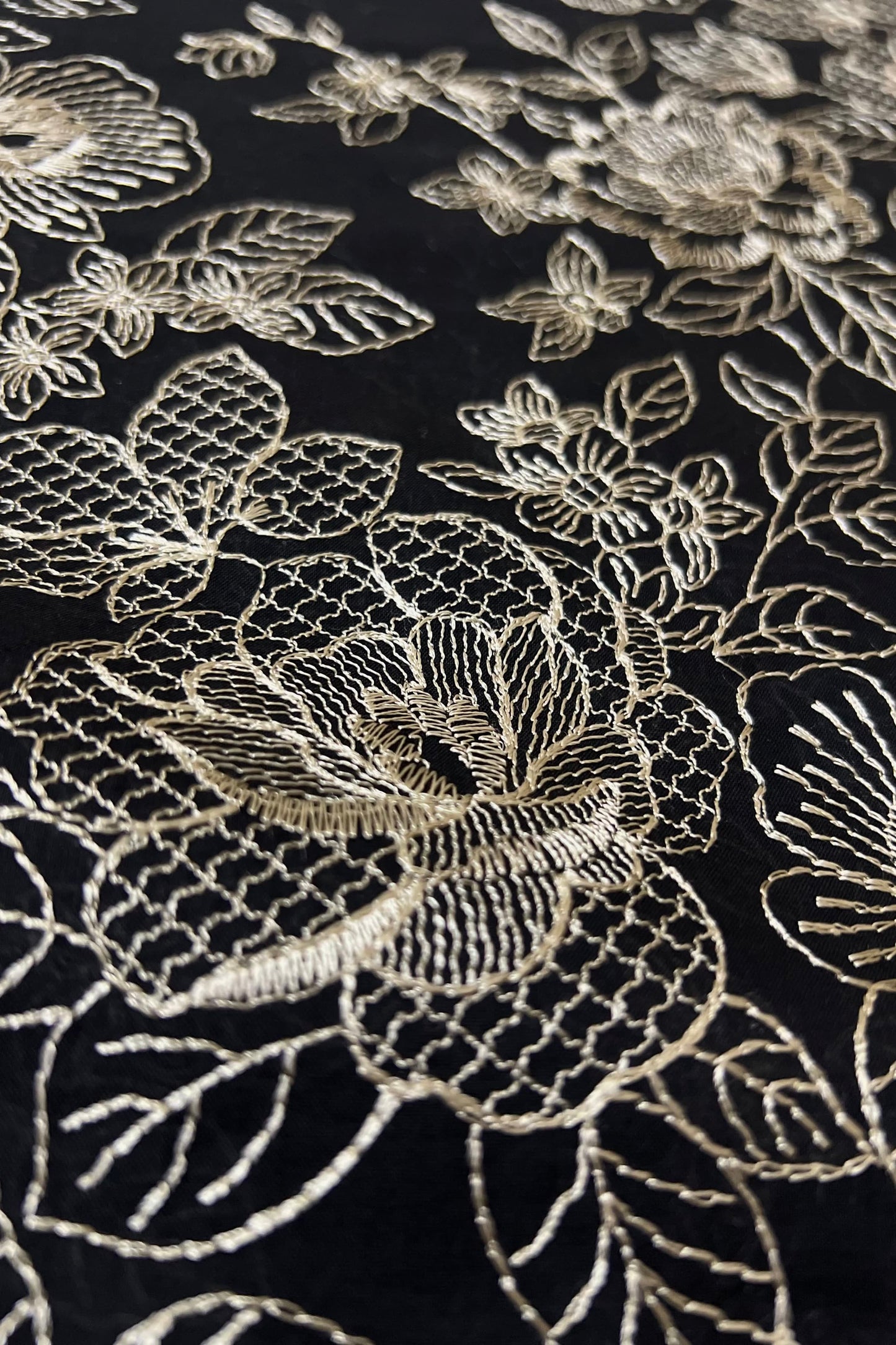 Black embroidered lawn fabric close-up