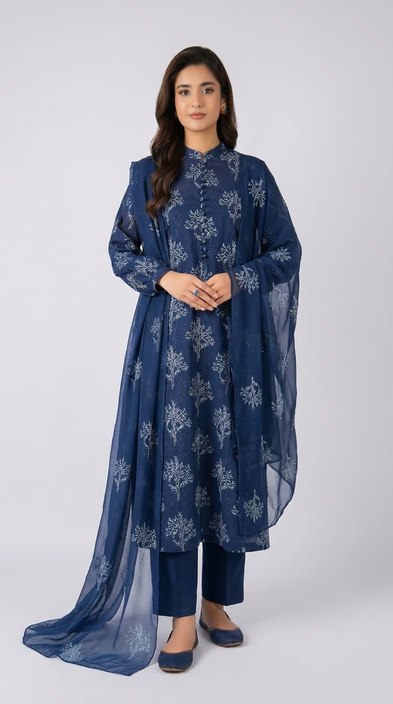 Navy blue embroidered lawn 3-piece - on model