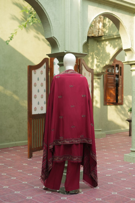 Red Karandi Shawl Set - full 3-piece embroidered karandi shawl set