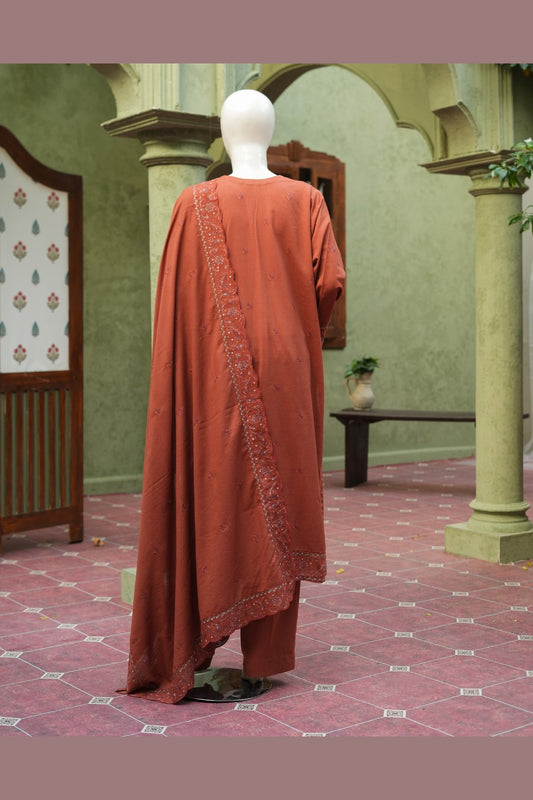 Rust Karandi Shawl Set - embroidered karandi shawl, ready to carry